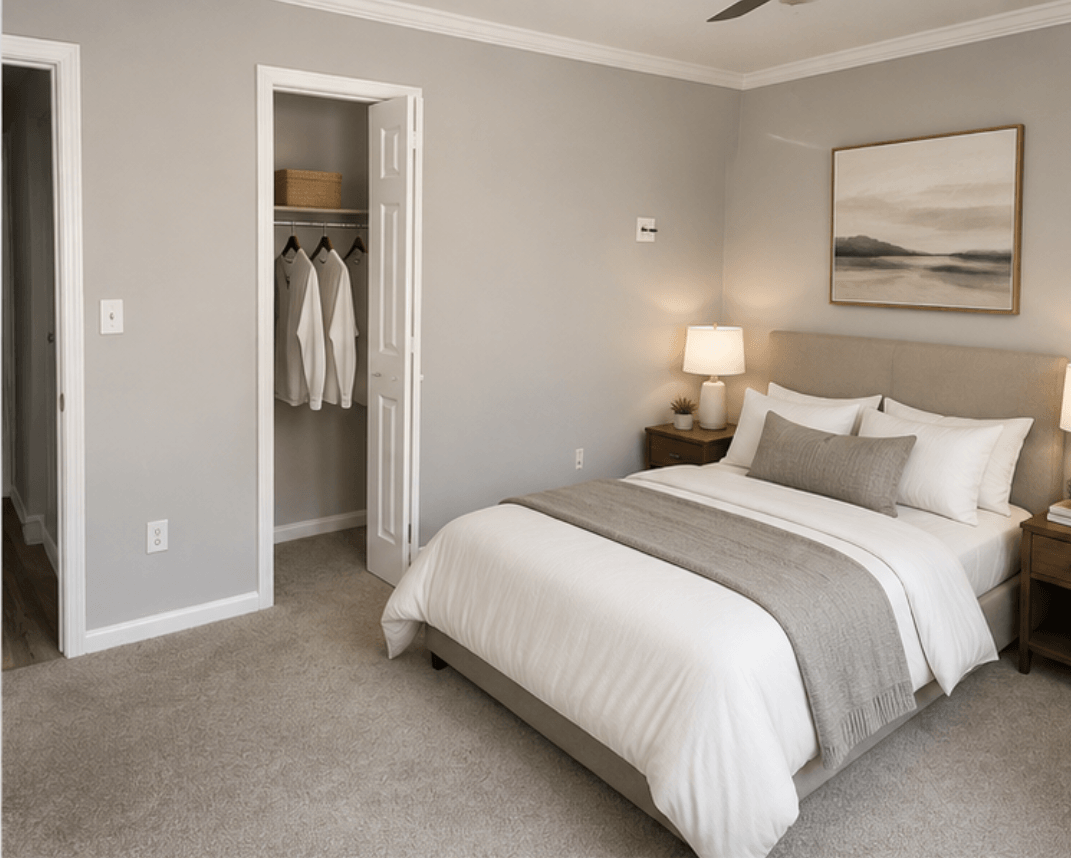 A bedroom with a large bed and a painting on the wall.
